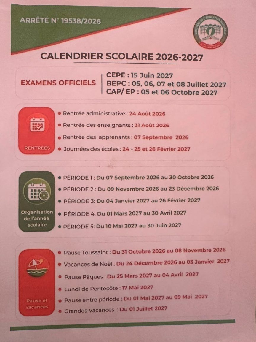 CALENDRIER SCOLAIRE 2026-2027